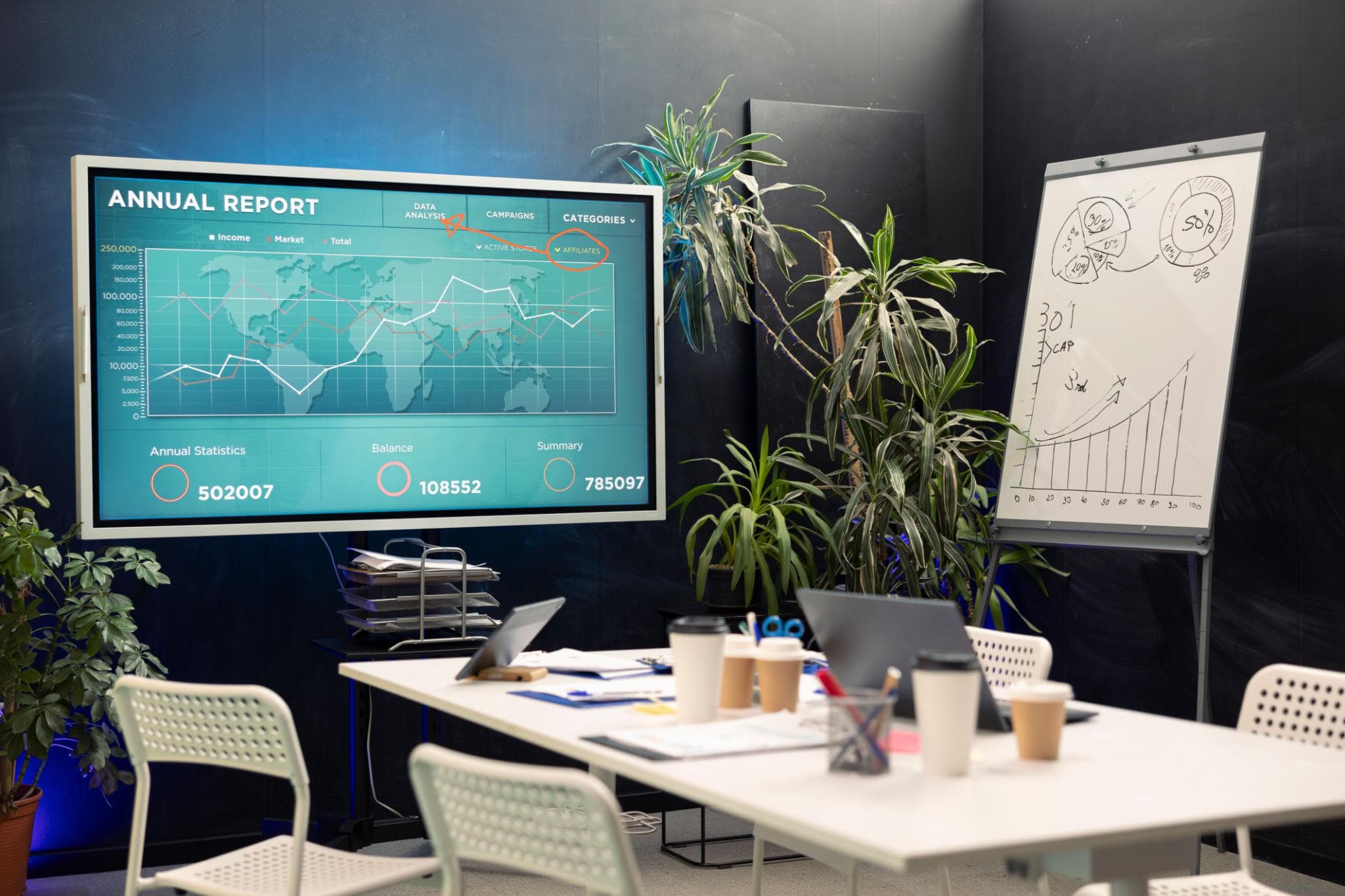 Salle de pilotage avec tableau de bord de performance