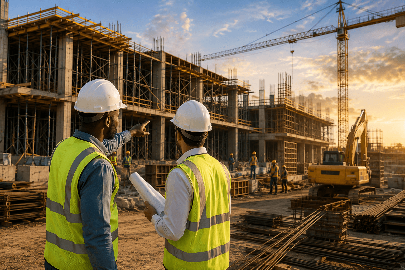 Chantier BTP au coucher du soleil avec responsables de travaux, plans, grue et bâtiment en construction.