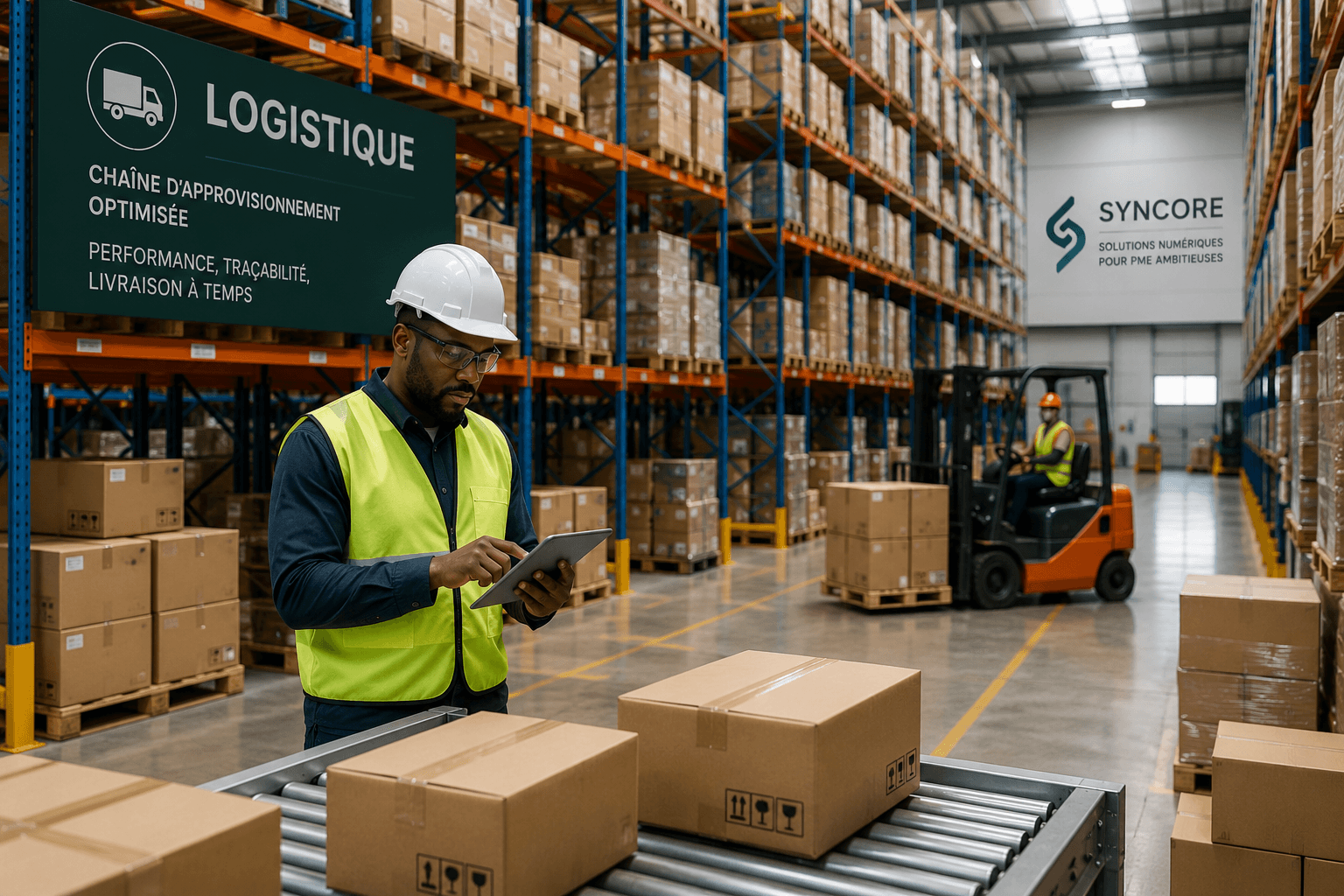 Entrepôt logistique moderne avec rayonnages, colis, tablette de suivi et opérations de supply chain.