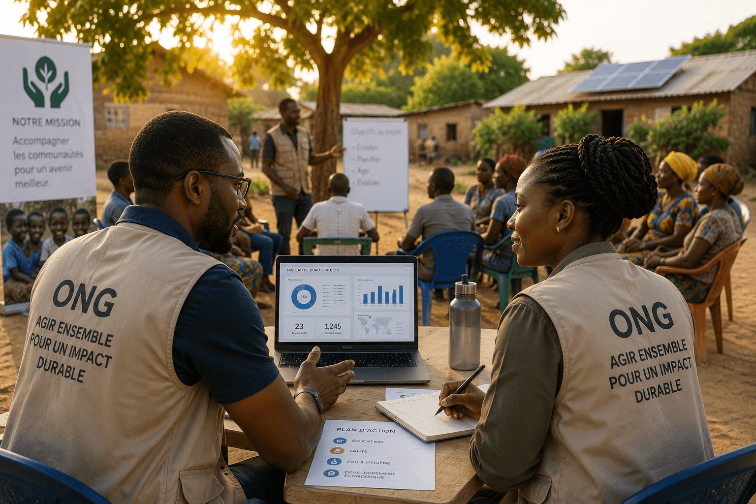 Réunion terrain ONG en milieu communautaire avec tableau de bord projet, équipe humanitaire et bénéficiaires.