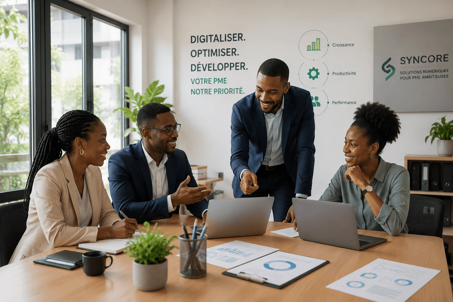 Équipe dirigeante de PME en réunion de transformation digitale avec outils de pilotage et laptops.
