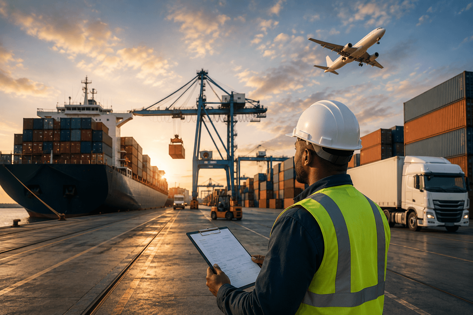 Terminal portuaire avec navire cargo, conteneurs, avion et contrôle documentaire de transit international.