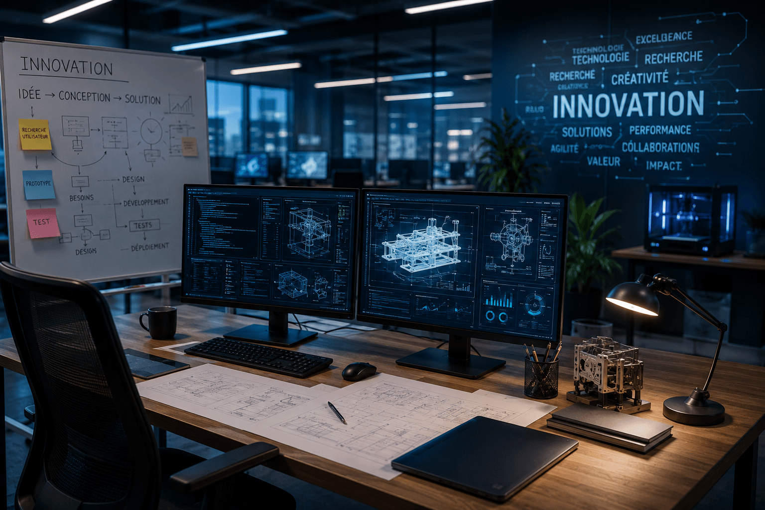 Espace d’innovation avec écrans techniques, prototypes et interfaces de conception